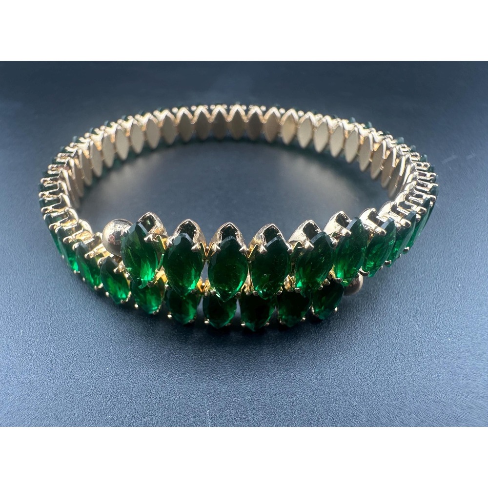 Vintage Emerald Green Glass Navette Rhinestone Flexible Bracelet Mid Century - Picture 1 of 11
